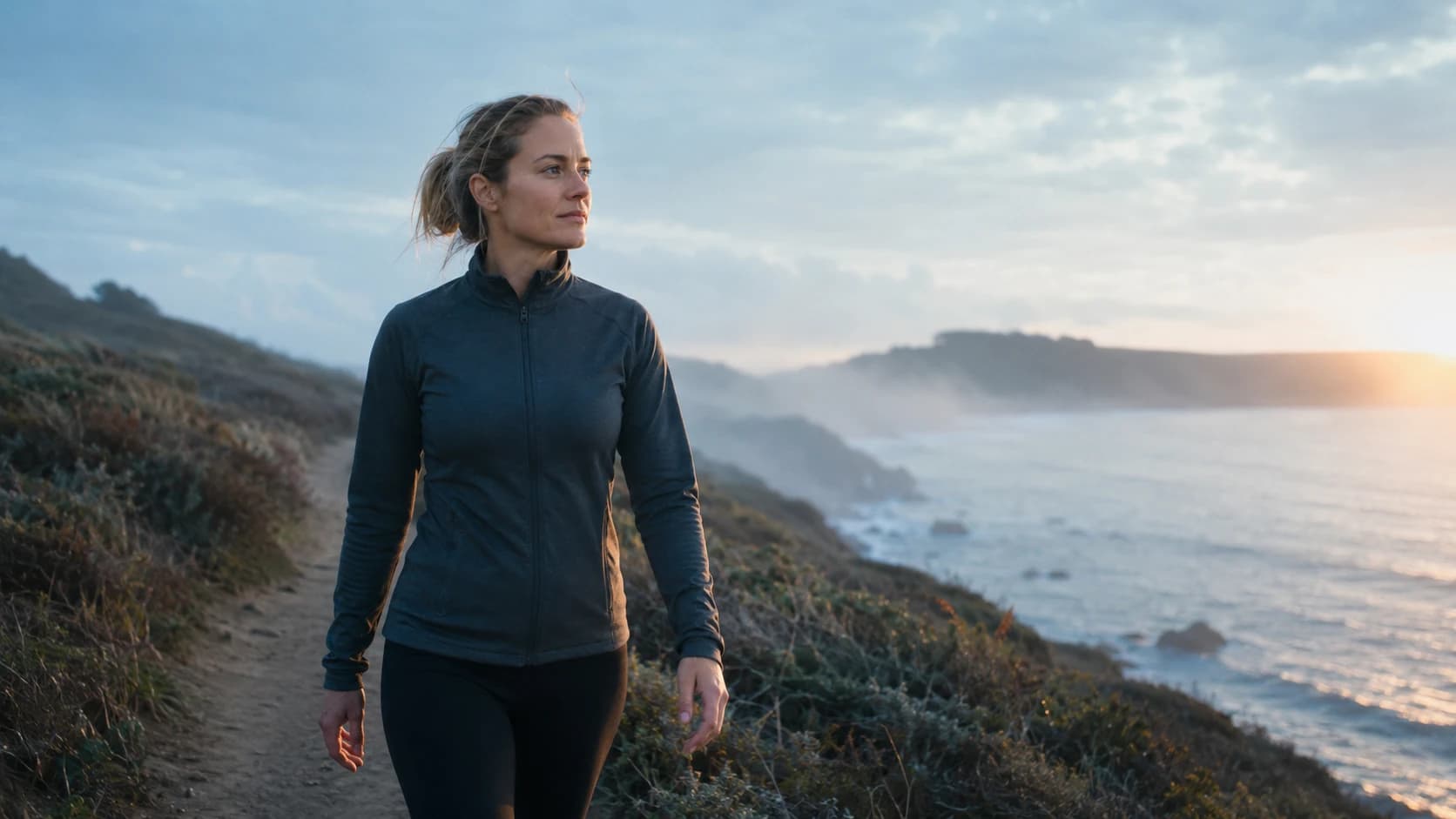 Woman walking a coastal bluff path at sunrise, illustrating breathwork and brain health