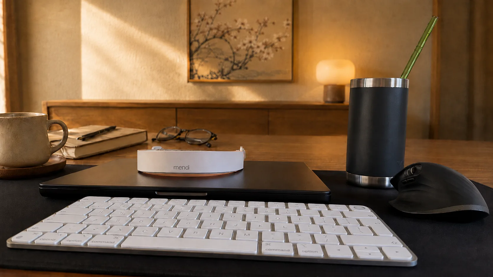 Mendi neurofeedback headset resting on a closed laptop in a warm home office, set down beside a keyboard and a mug during a break from work
