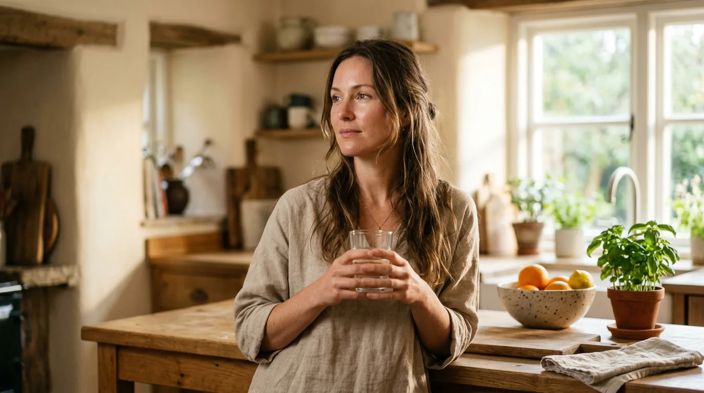 A woman pausing thoughtfully at a sunlit kitchen counter with a glass of water, illustrating a calm, evidence-first look at GLP-1 drugs and aging